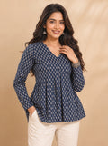 Cotton V Neck Peplum Kurti – Navy Blue