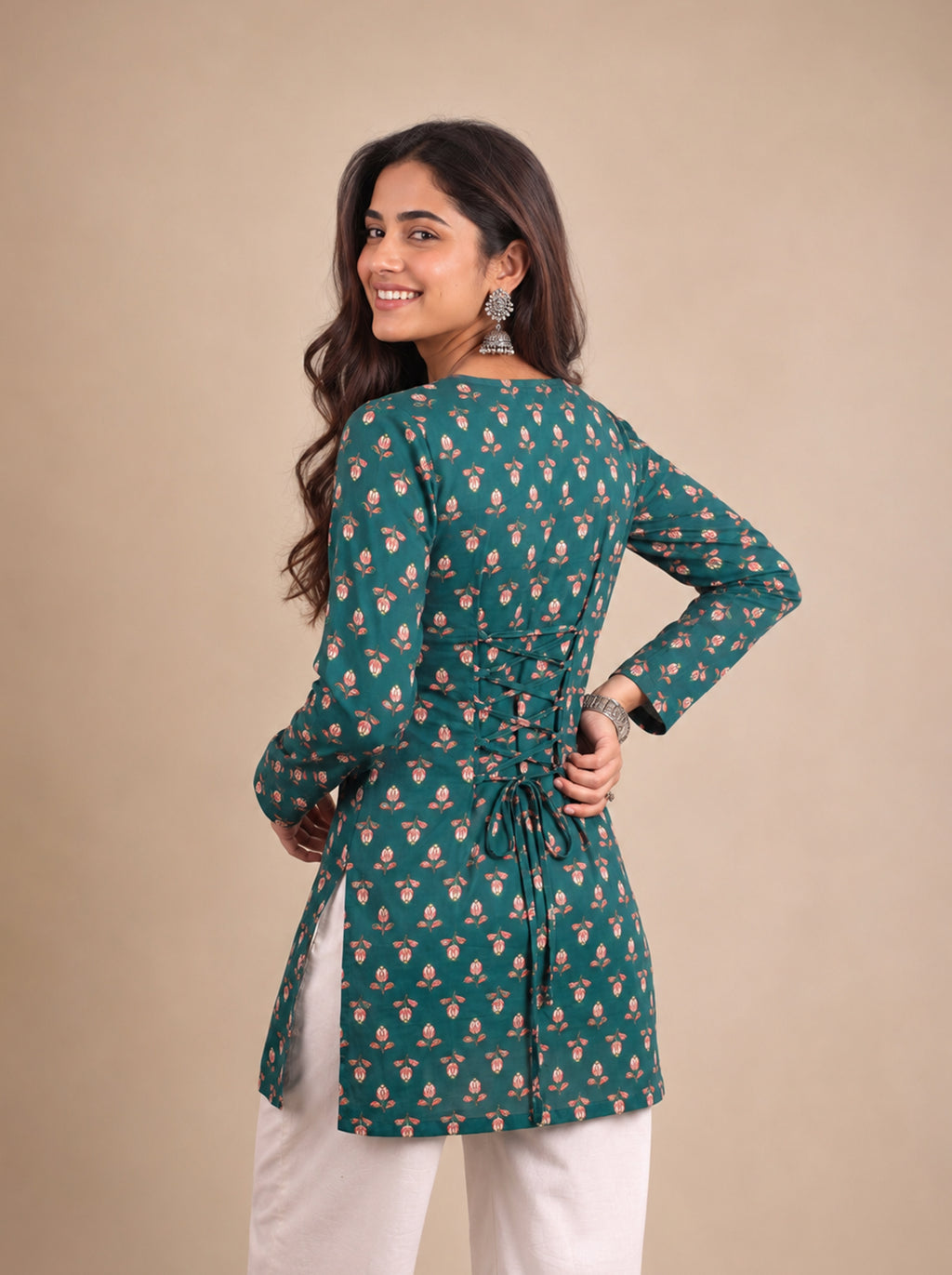 Cotton Square Neck Corset Kurti – Green
