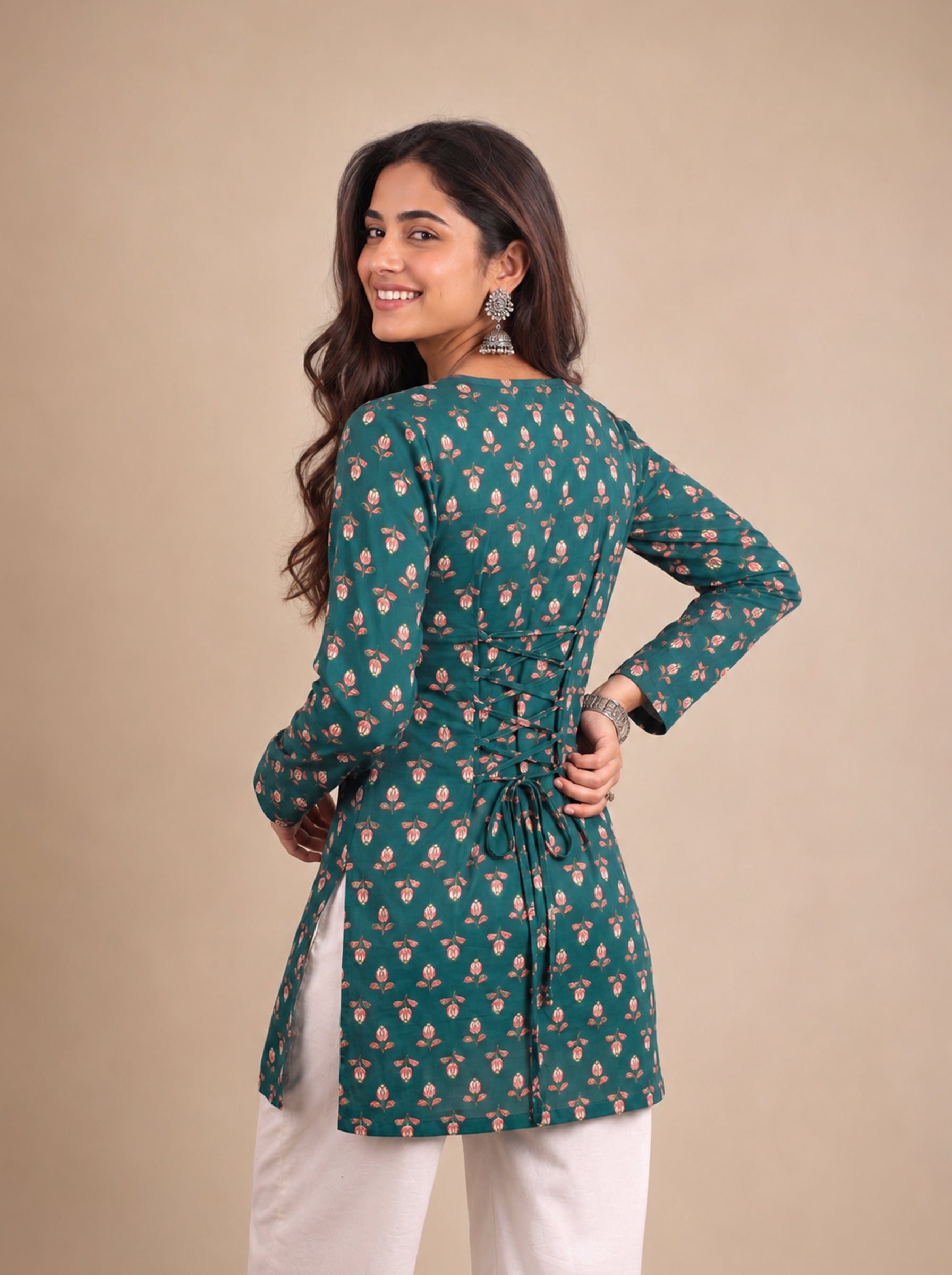 Cotton Square Neck Corset Kurti – Green