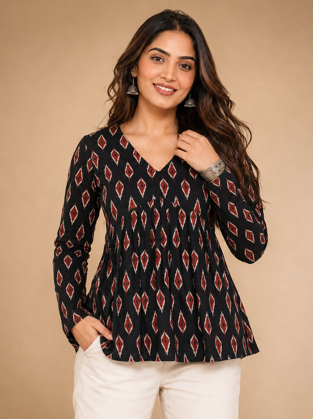 Cotton V Neck Peplum Kurti – Black