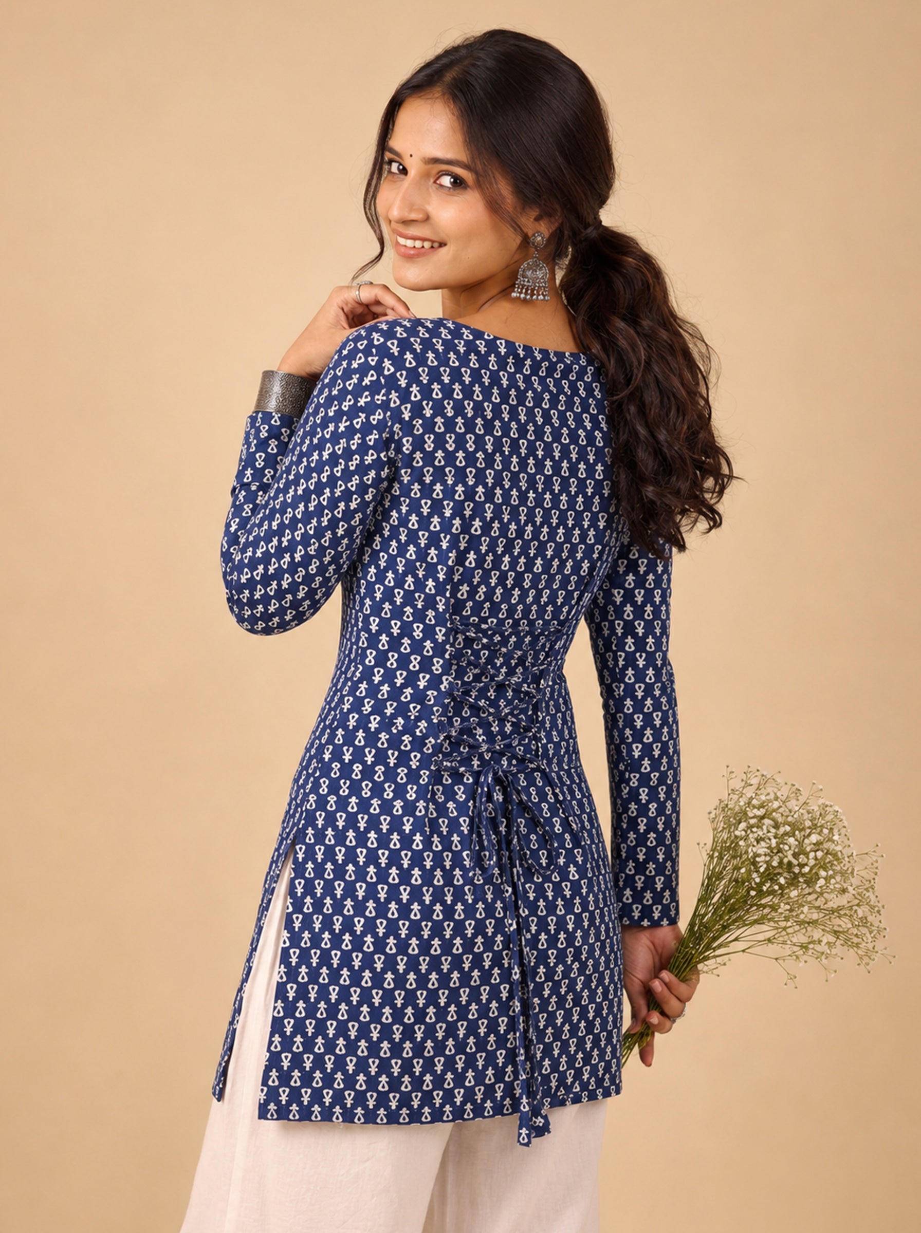 Cotton Square Neck Kurti Top – Navy Blue