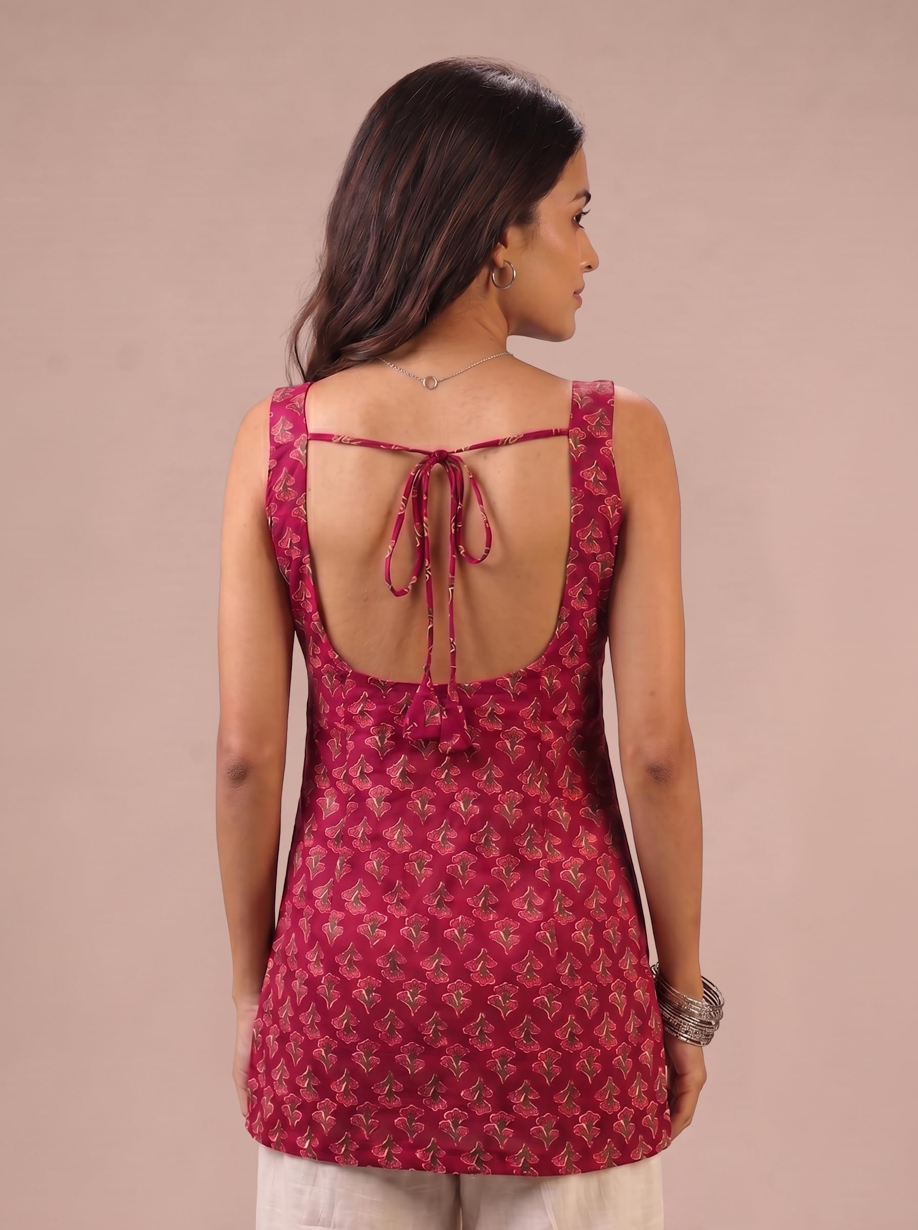 Sleeveless Cotton Short Kurti – Rose Red