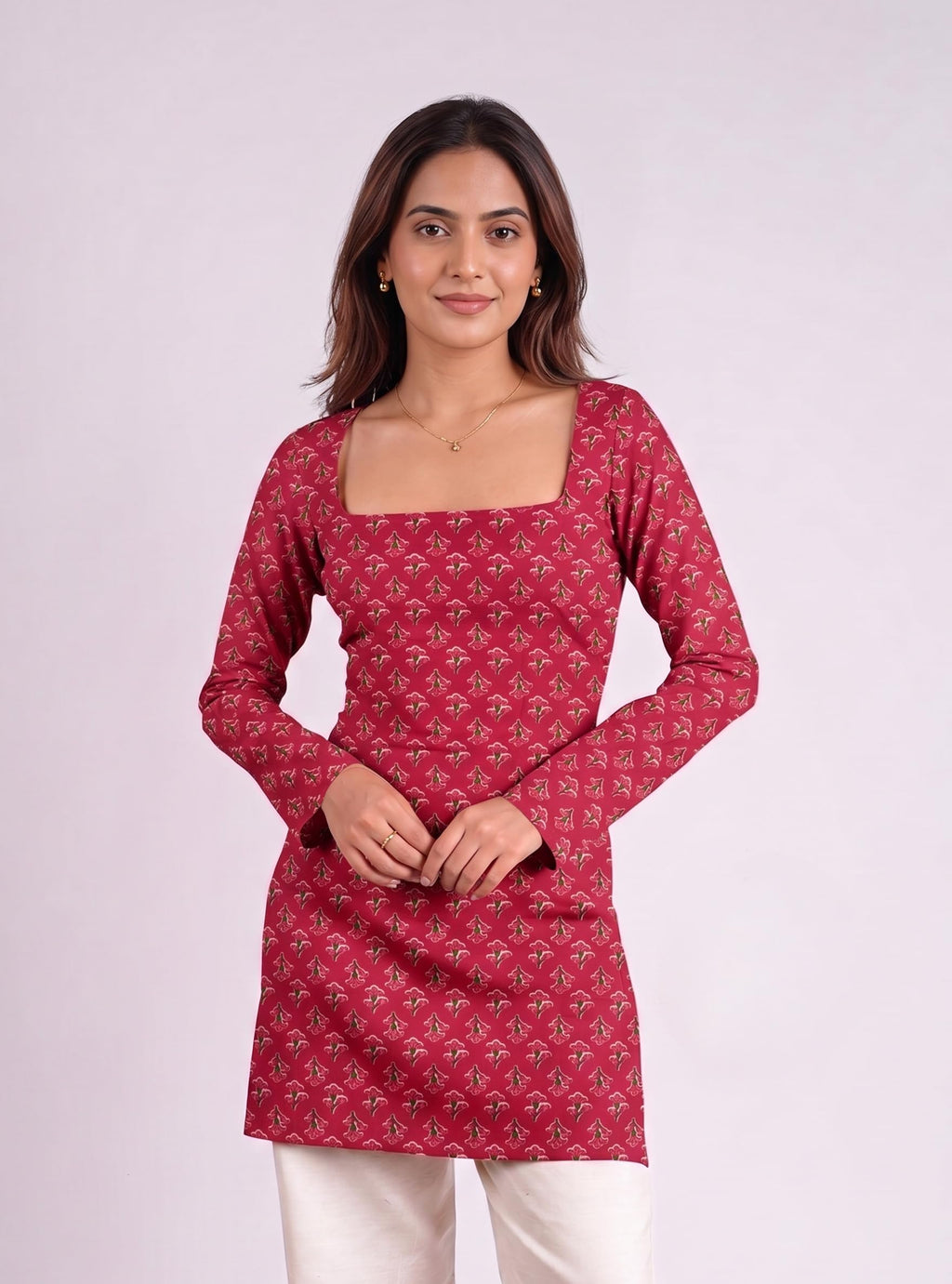 Cotton Square Neck Kurti Top – Rose Red