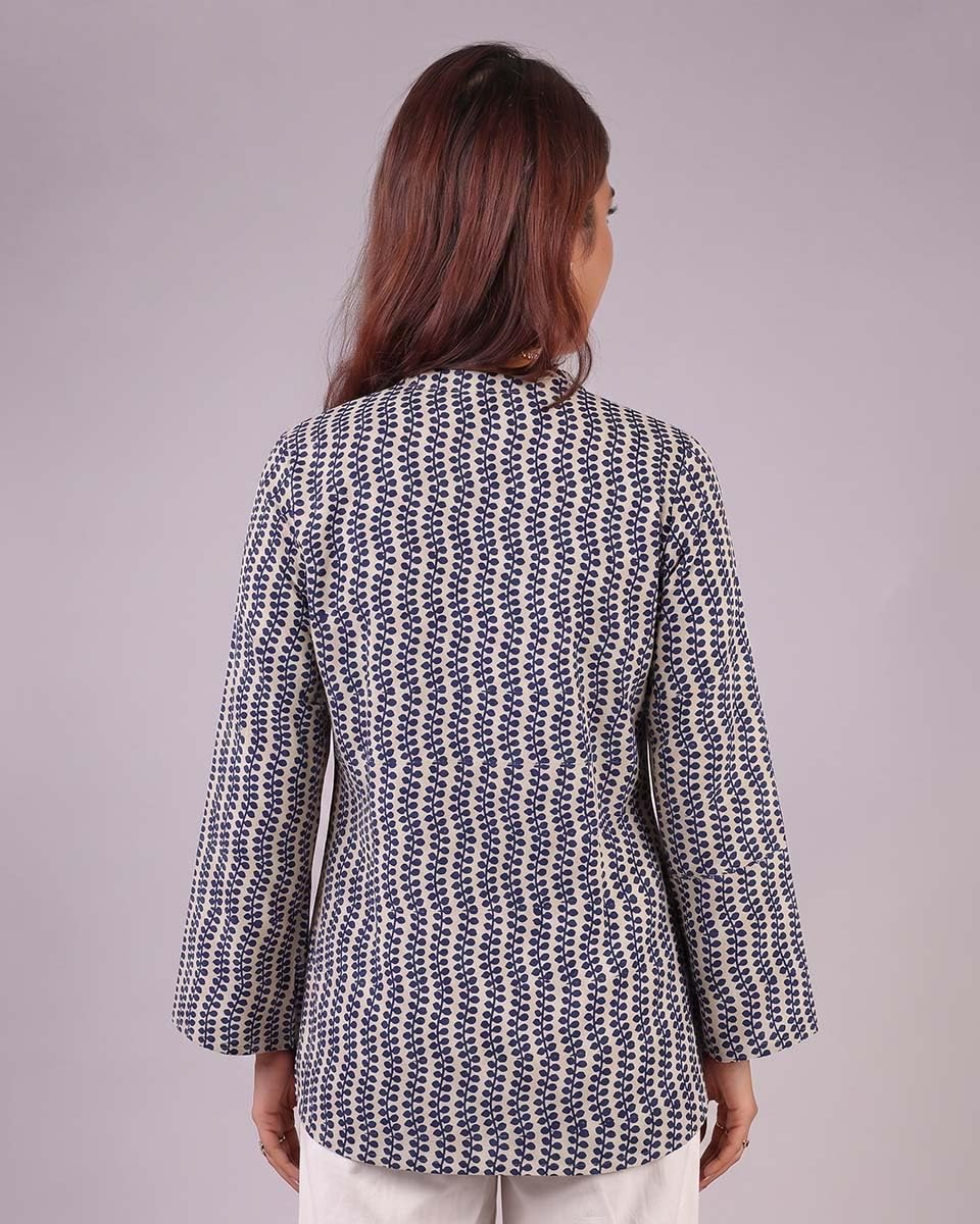Cotton V-Neck Tunic Top – Off White with Indigo