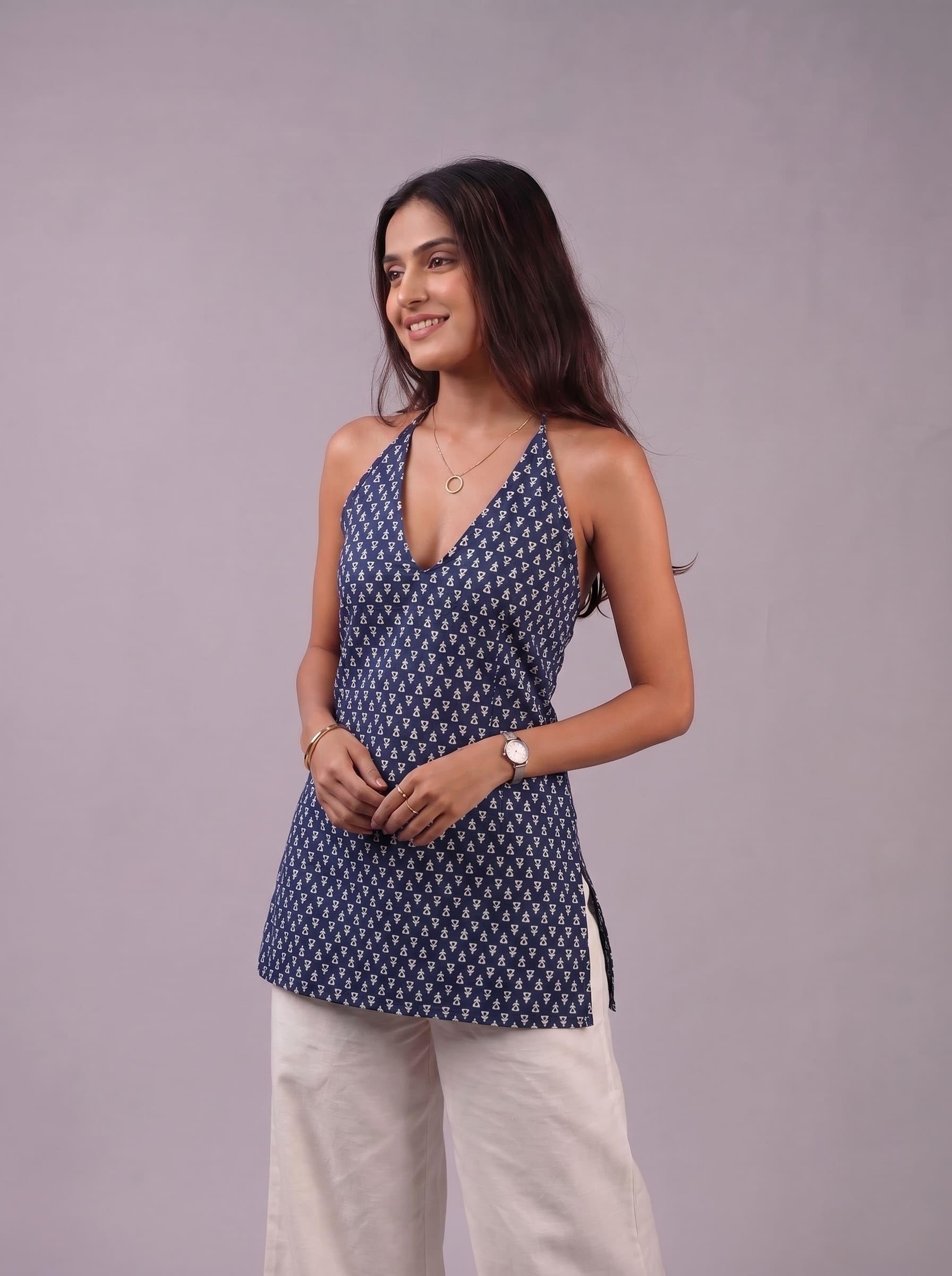 Cotton Halter Neck Short Kurti – Blue