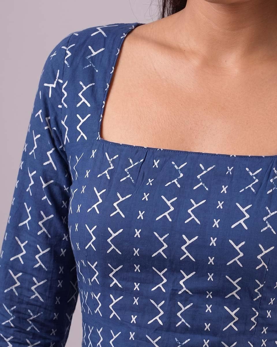 Cotton Square Neck Kurti Top – Indigo