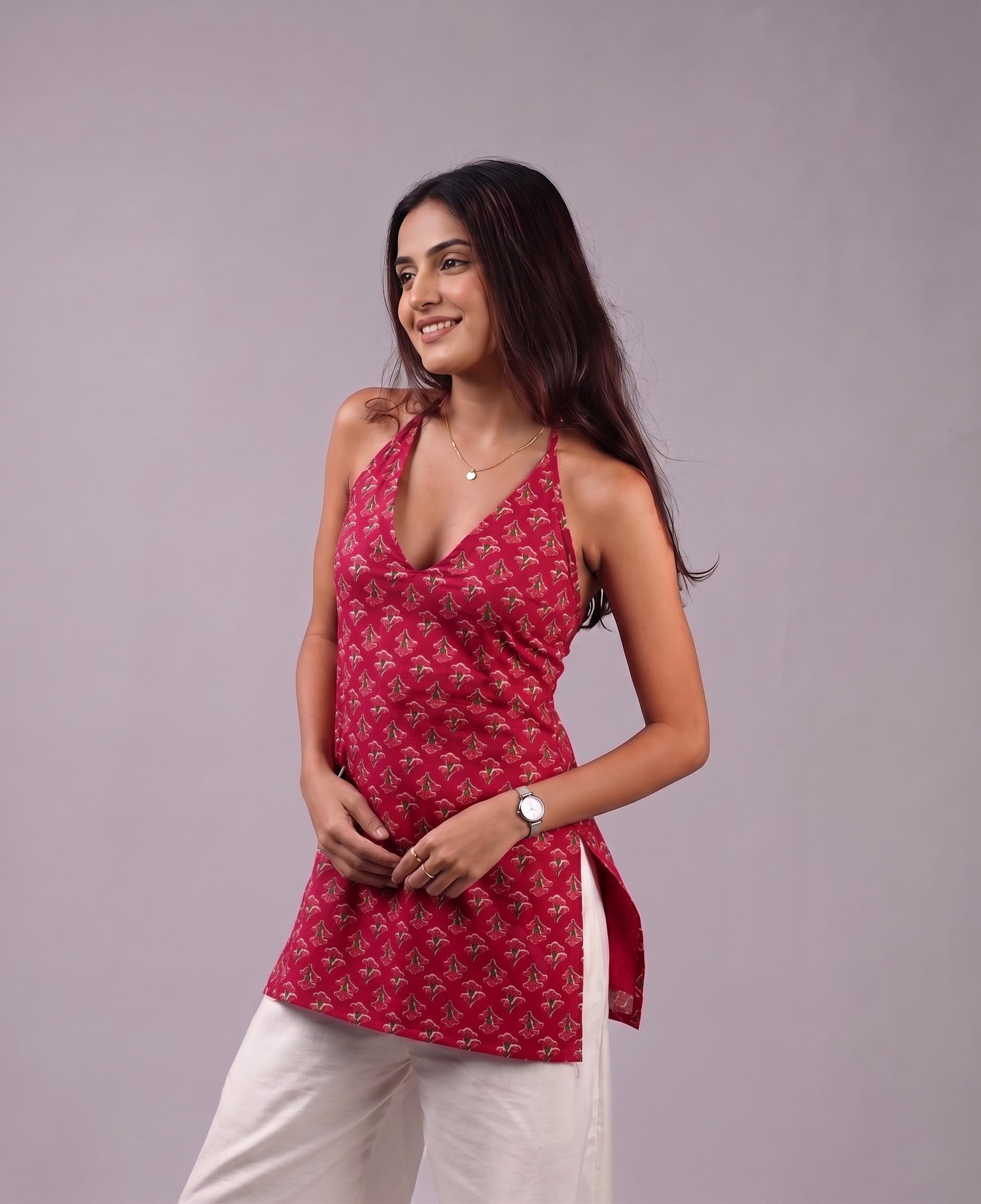 Cotton Halter Neck Short Kurti – Rose Red