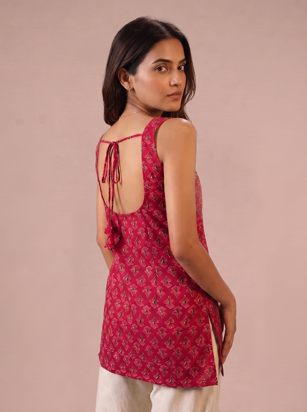 Sleeveless Cotton Short Kurti – Rose Red