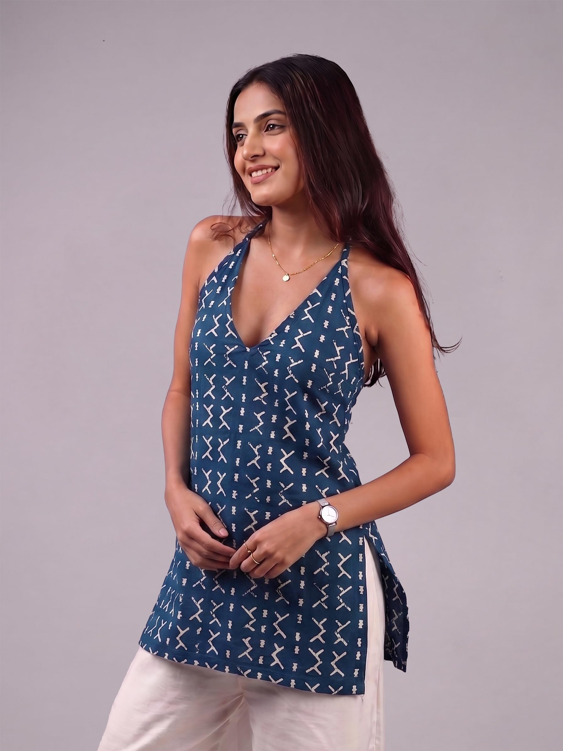 Cotton Halter Neck Short Kurti – Indigo