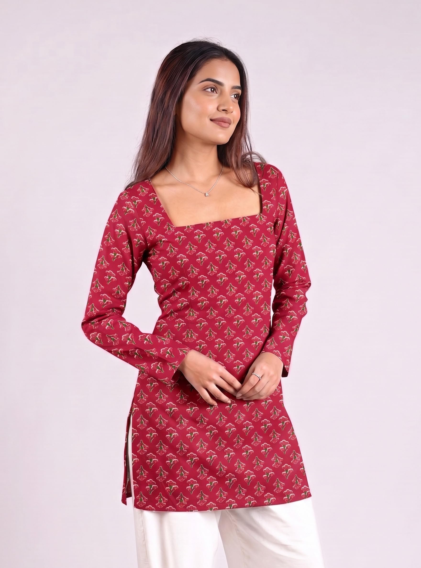 Cotton Square Neck Kurti Top – Rose Red