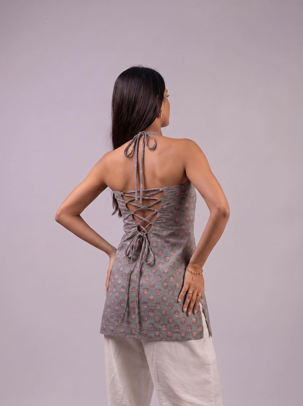 Cotton Halter Neck Short Kurti – Grey