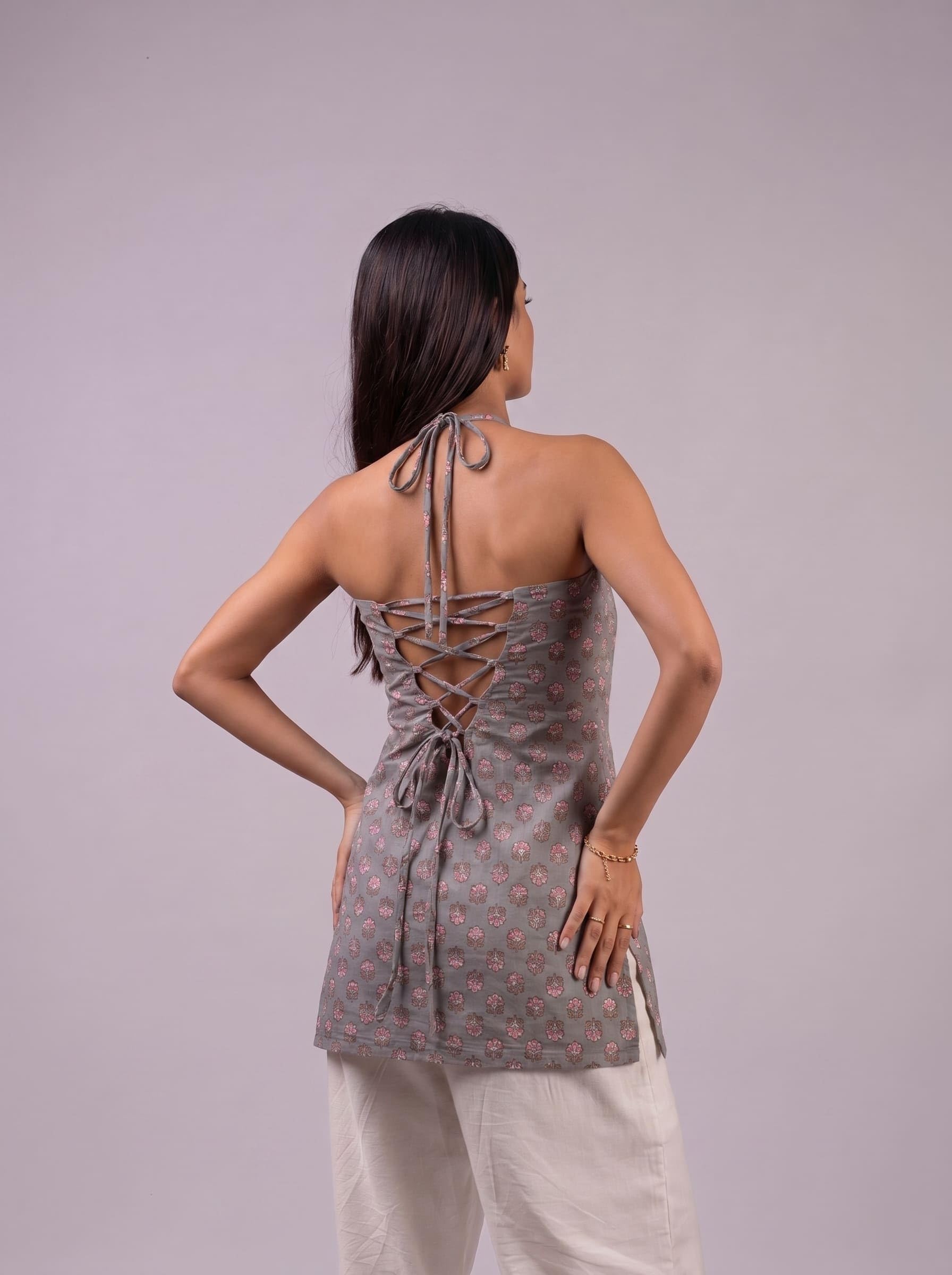 Cotton Halter Neck Short Kurti – Grey