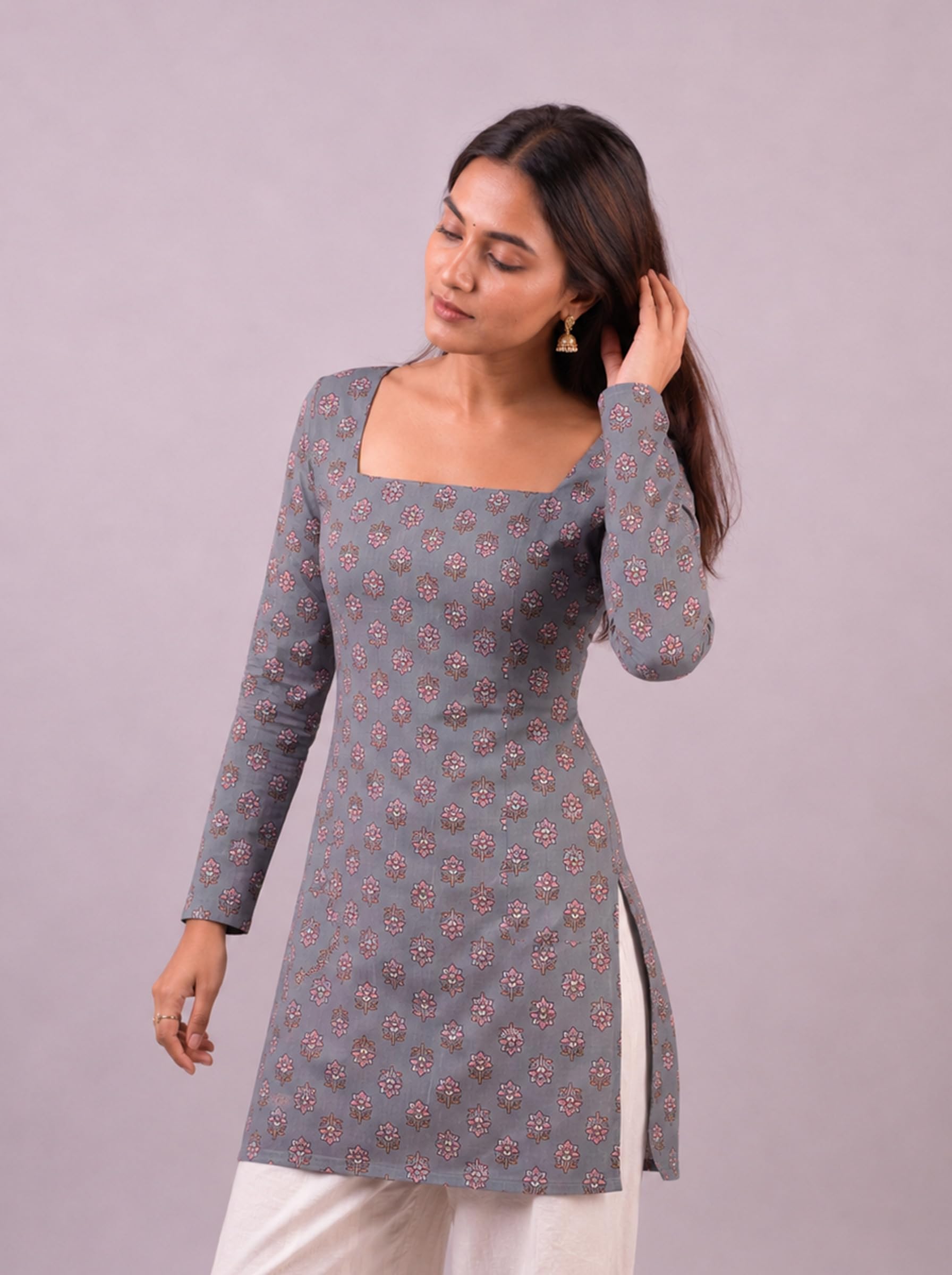 Cotton Square Neck Kurti Top – Grey