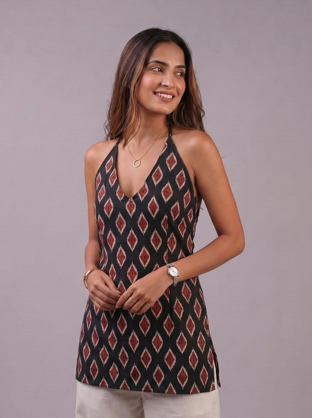 Cotton Halter Neck Short Kurti – Black