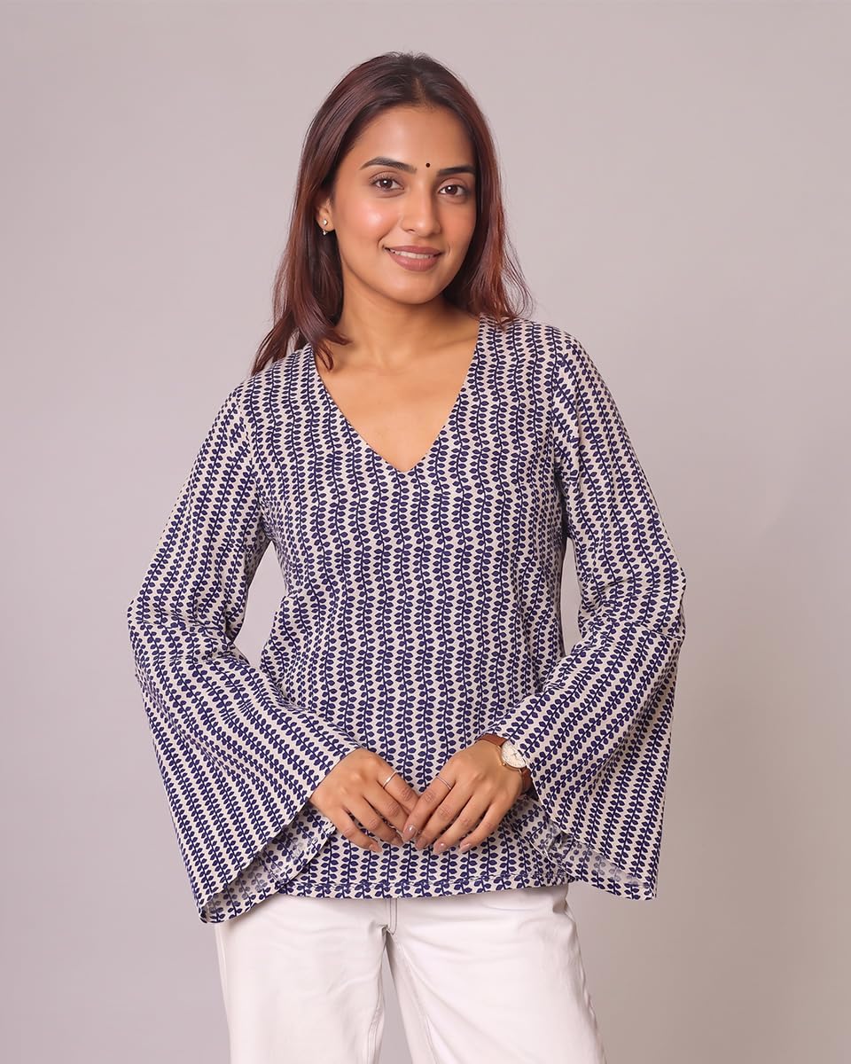 Cotton V-Neck Tunic Top – Off White with Indigo