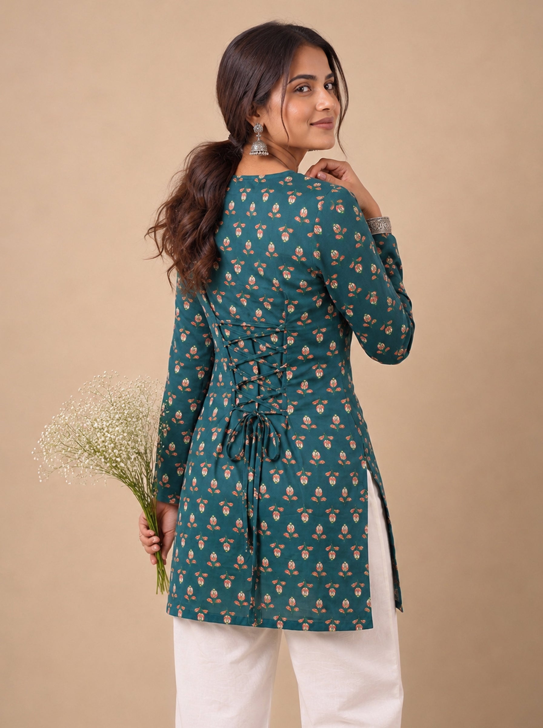 Cotton Square Neck Corset Kurti – Green