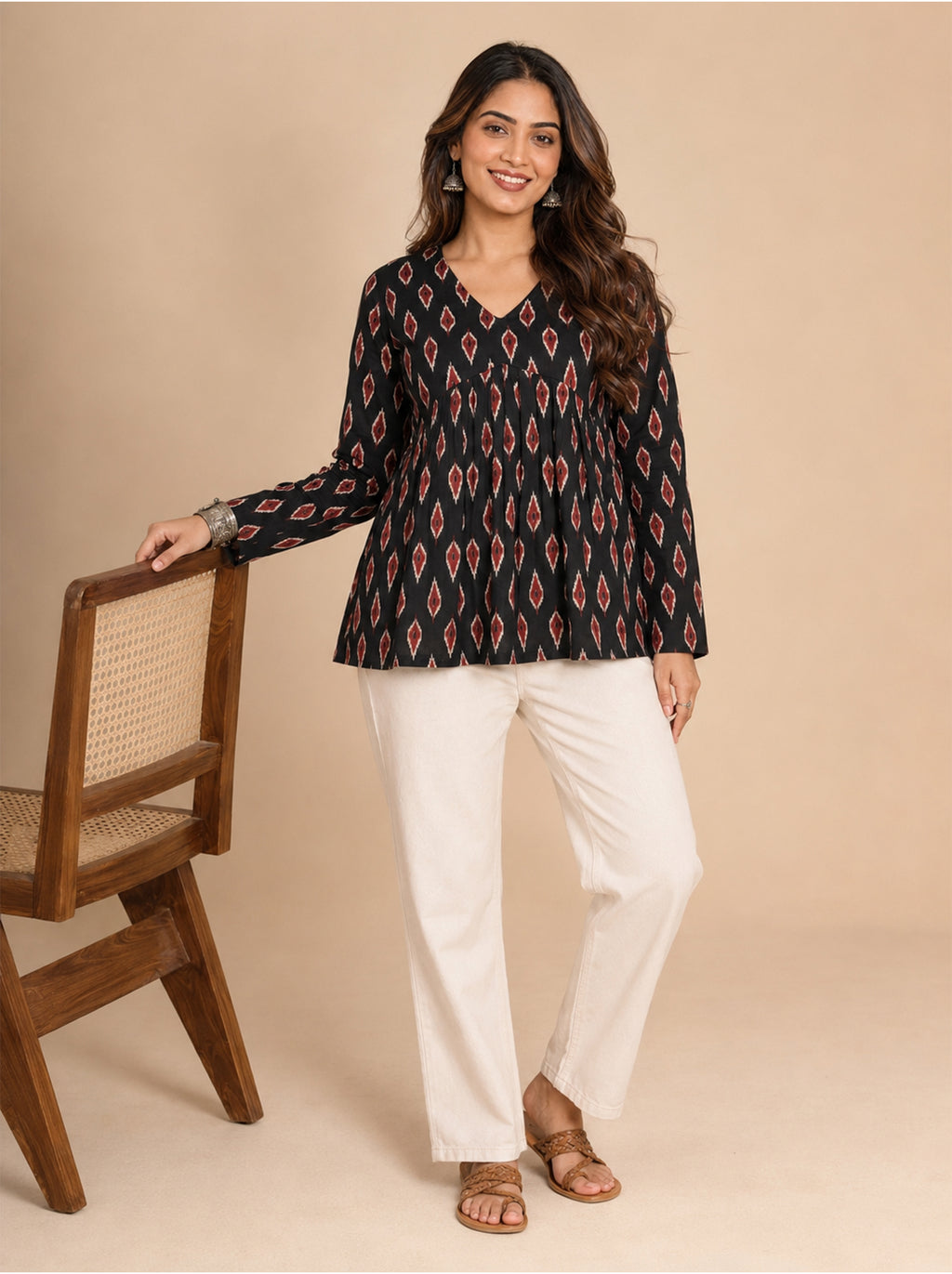 Cotton V Neck Peplum Kurti – Black