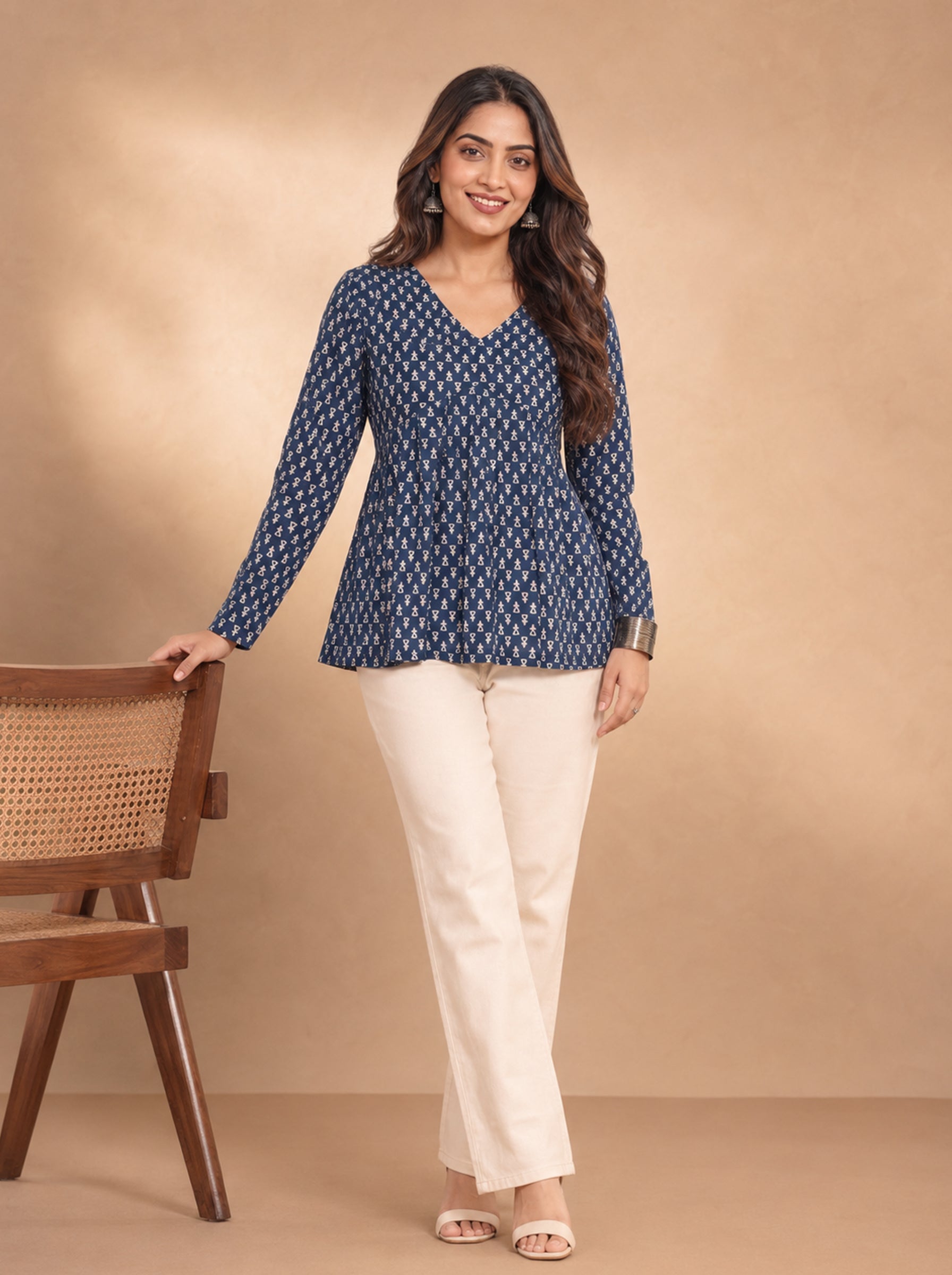 Cotton V Neck Peplum Kurti – Navy Blue