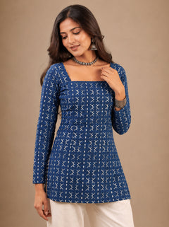 Cotton Square Neck Kurti Top – Indigo
