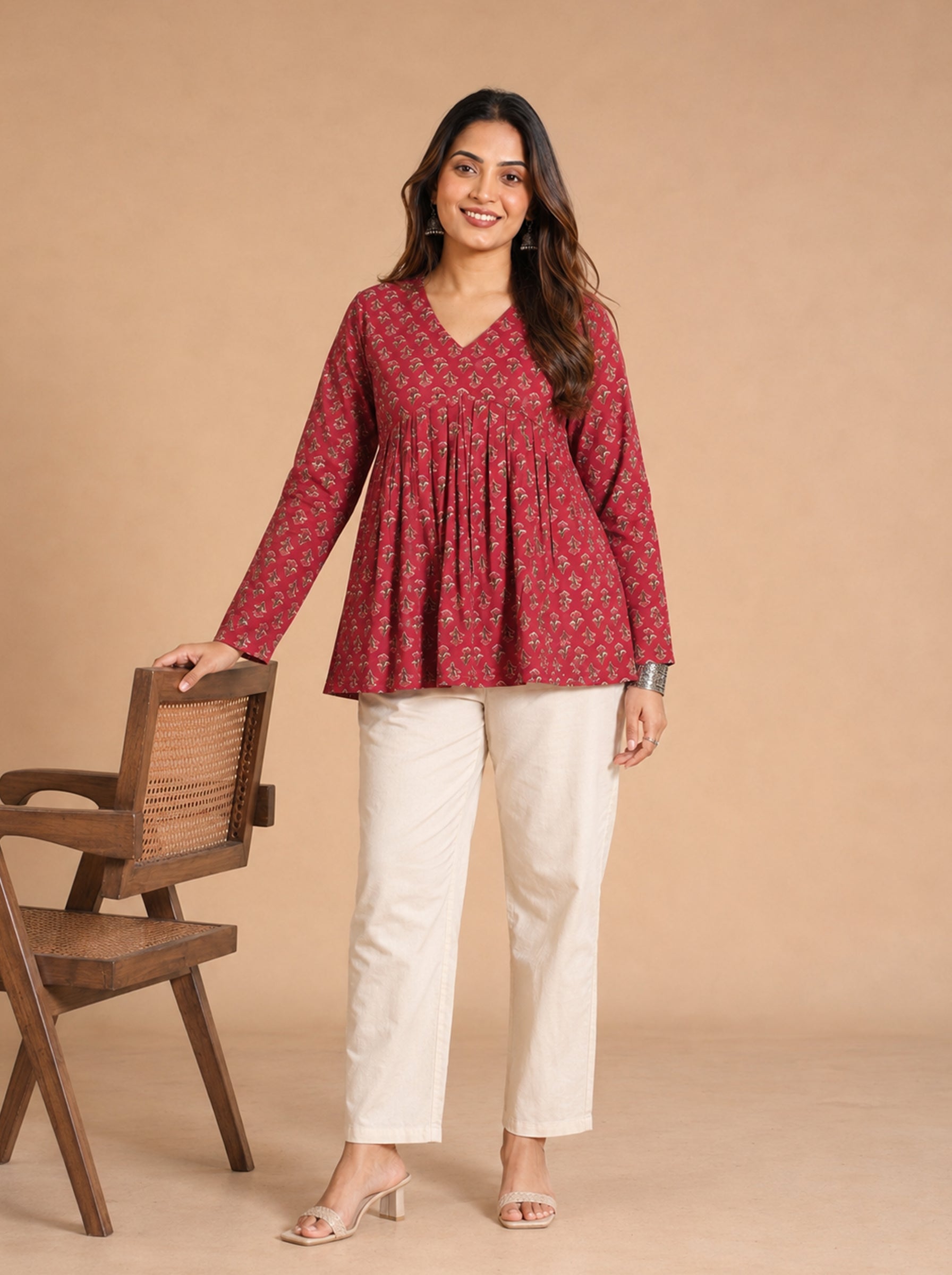 Cotton V Neck Peplum Kurti – Rose Red