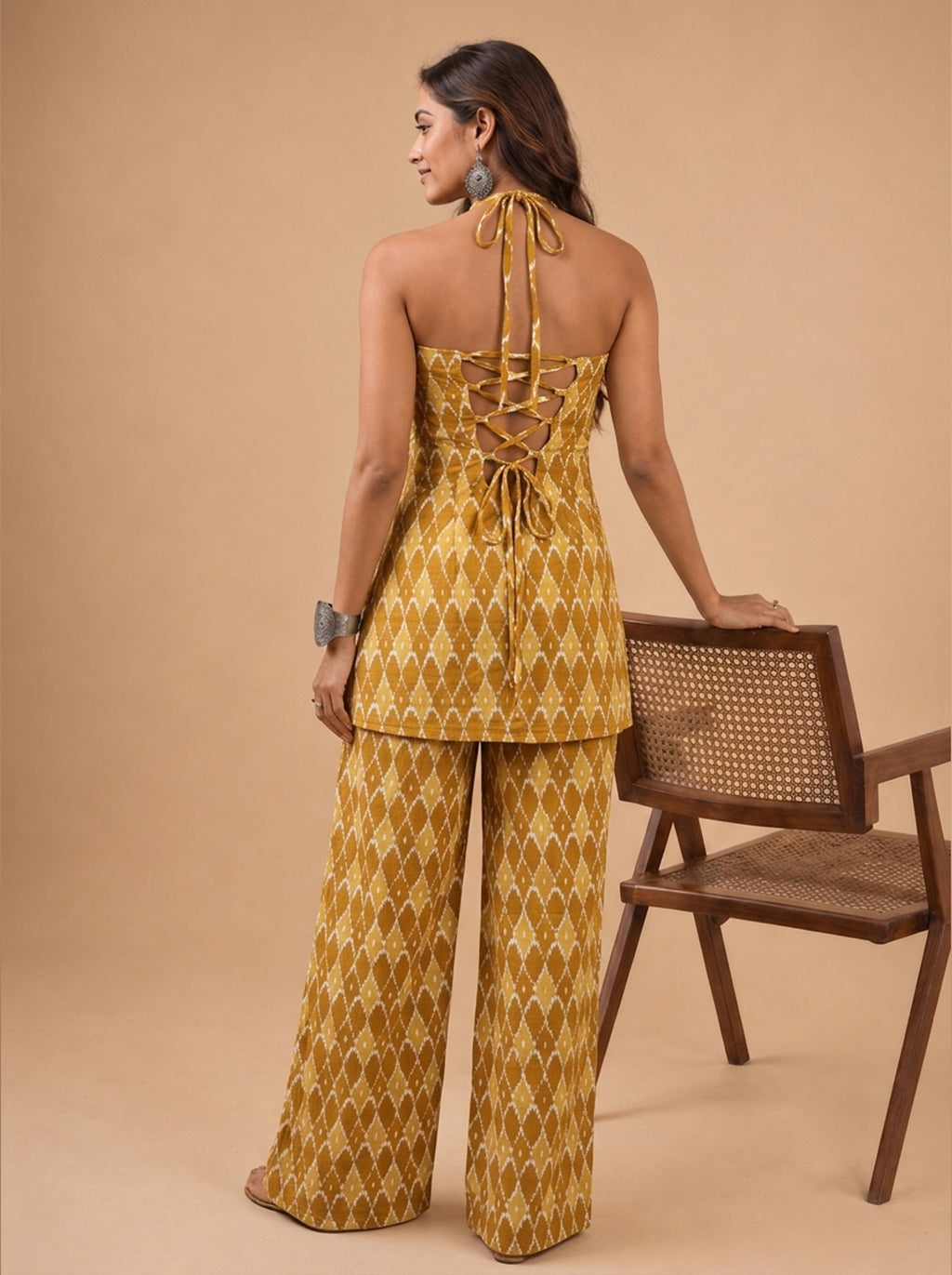 Cotton Halter Neck Kurti Palazzo Set – Yellow