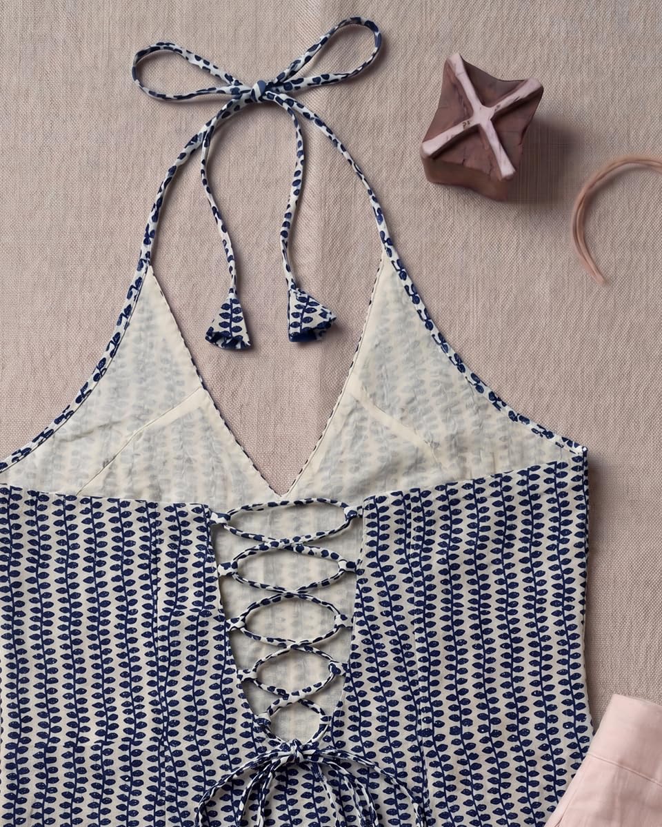 Cotton Halter Neck Short Kurti – Off-White with Indigo
