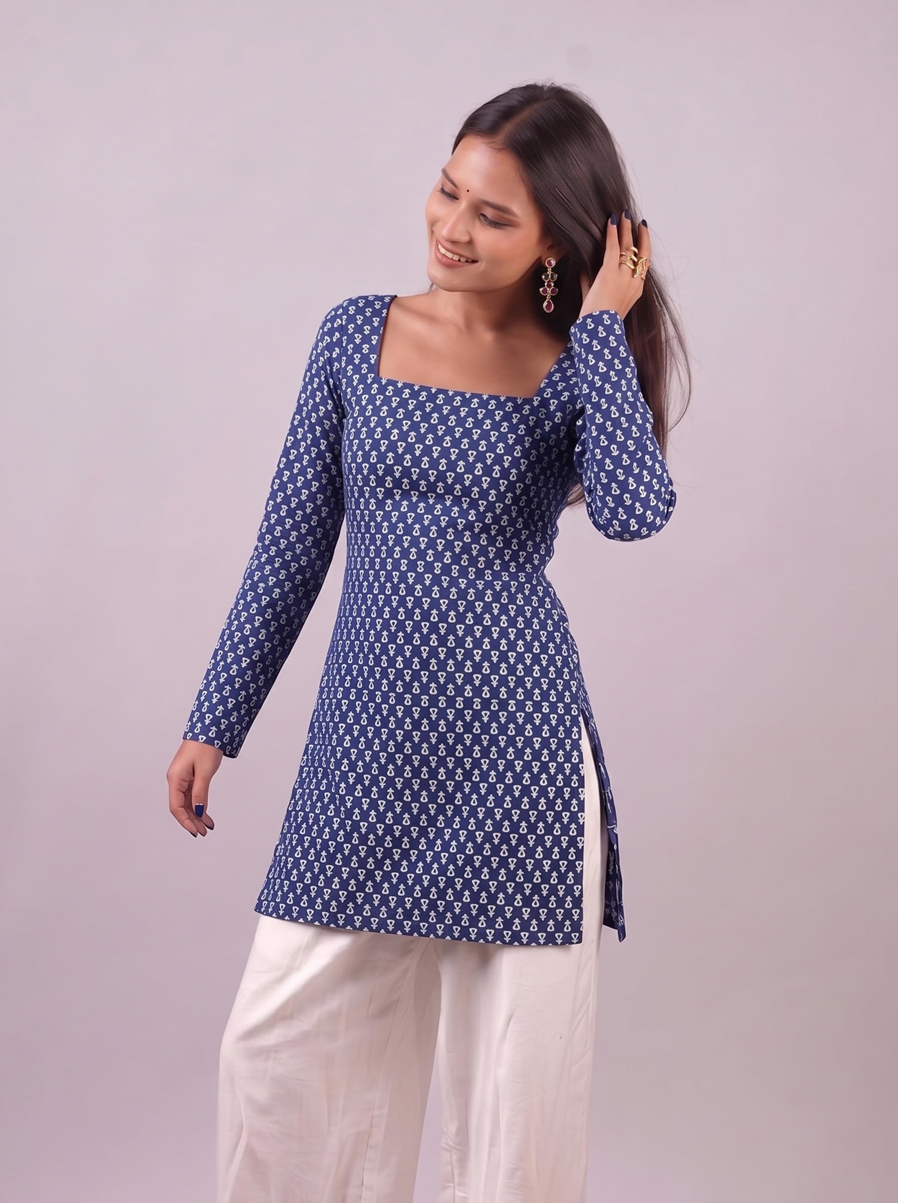 Cotton Square Neck Kurti Top – Navy Blue