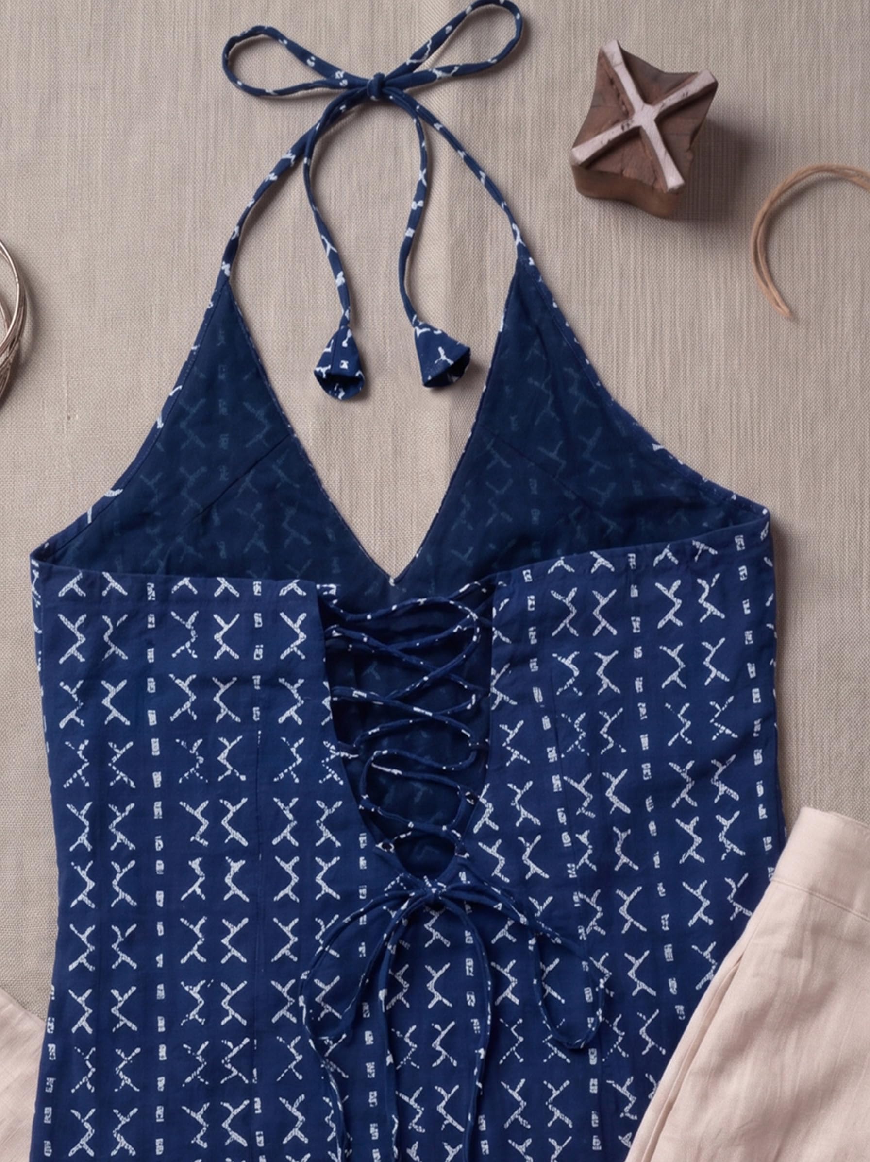 Cotton Halter Neck Short Kurti – Indigo