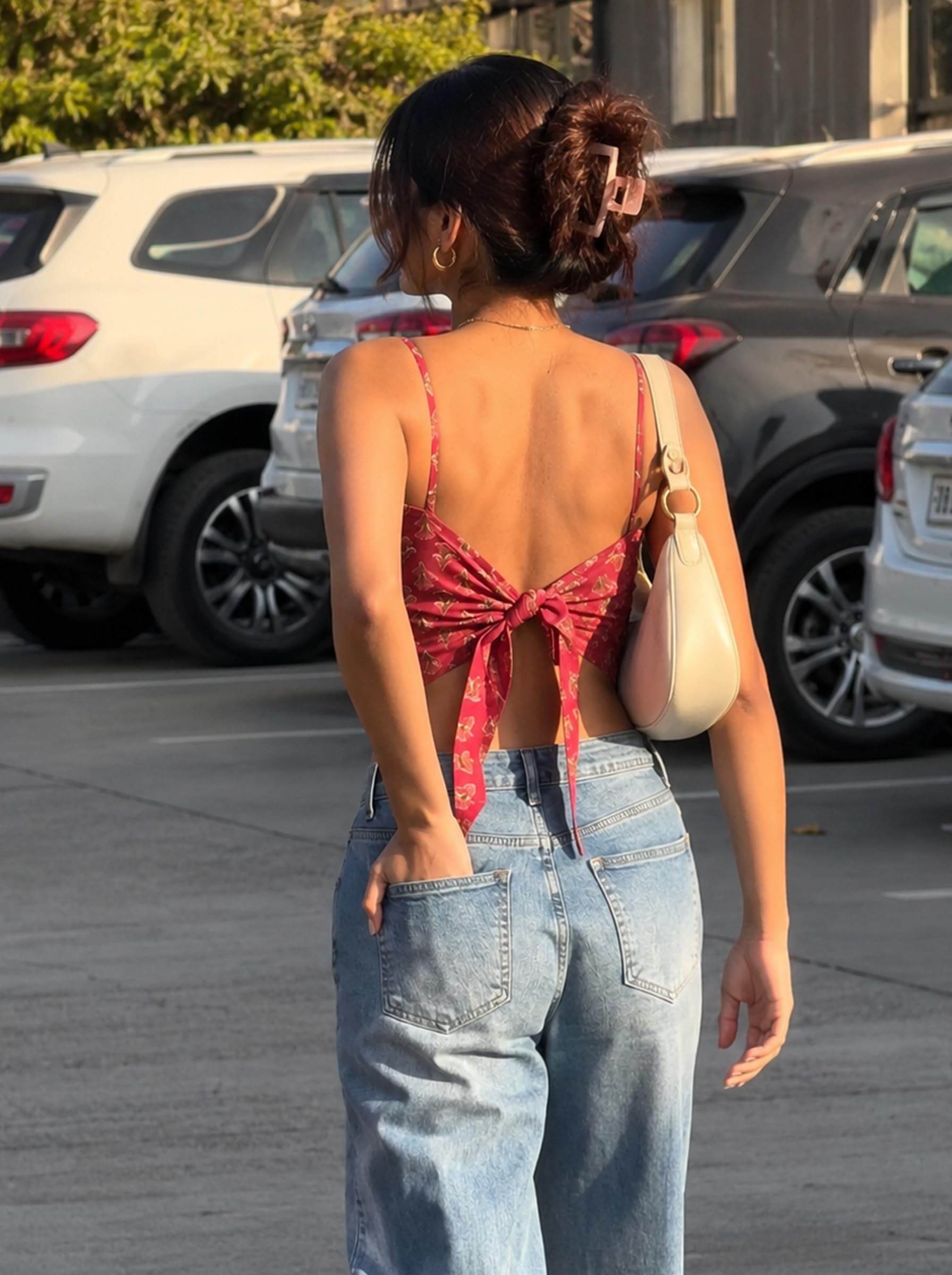 Cotton Backless Scarf Top – Pink