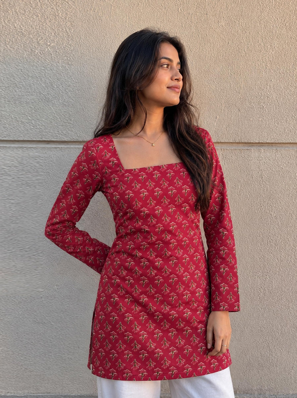 Cotton Square Neck Kurti Top – Rose Red