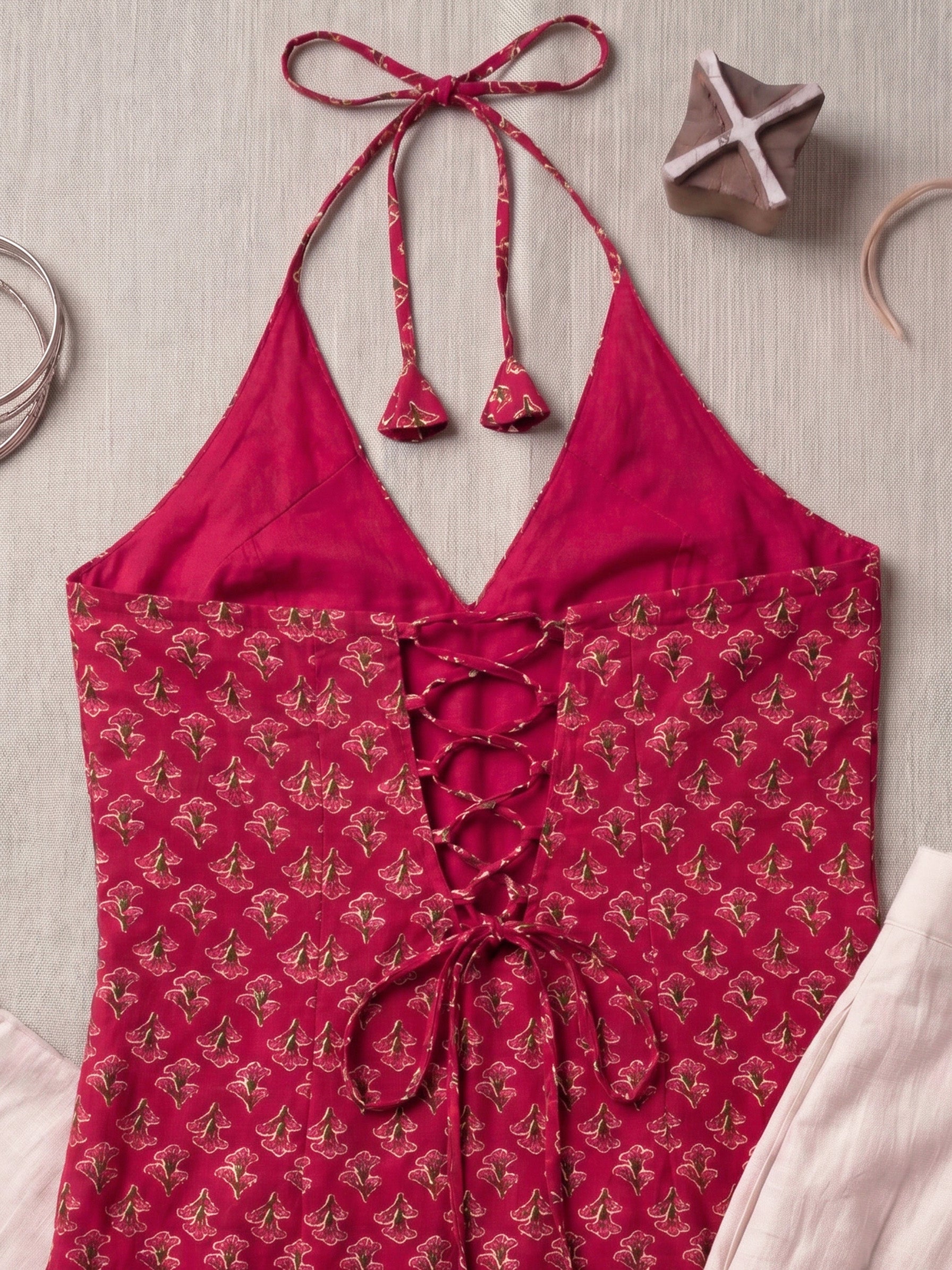 Cotton Halter Neck Short Kurti – Rose Red