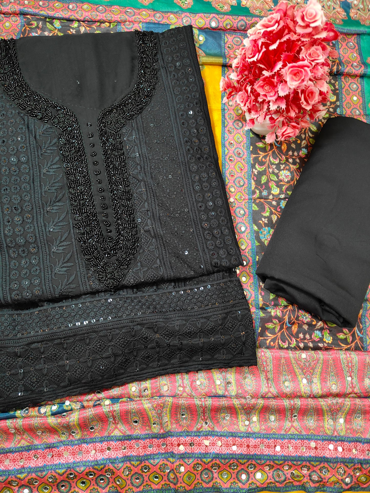 Chikankari Handwork with Printed Rajasthani Dupatta Dress Material