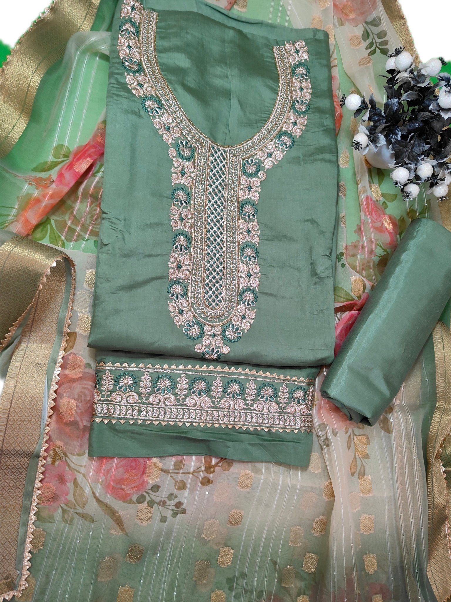 Rang Rooh - Roman Silk with Printed Banarsi Dupatta Unstitched Salwar Suit Set