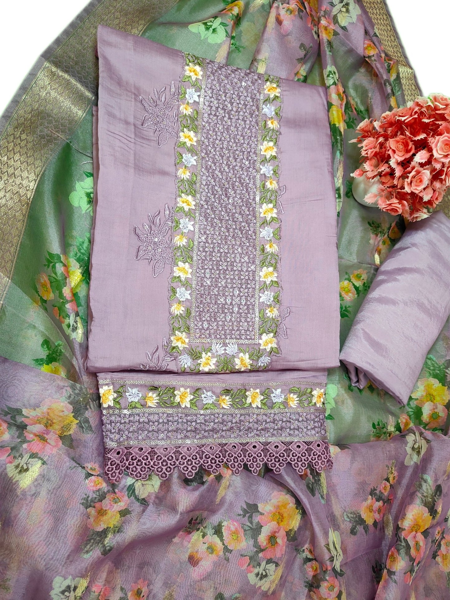 Rang Rooh - Roman Silk with Printed Banarsi Dupatta Unstitched Salwar Suit Set