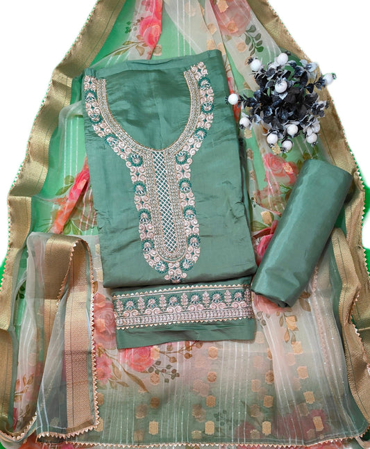 Rang Rooh - Roman Silk with Printed Banarsi Dupatta Unstitched Salwar Suit Set