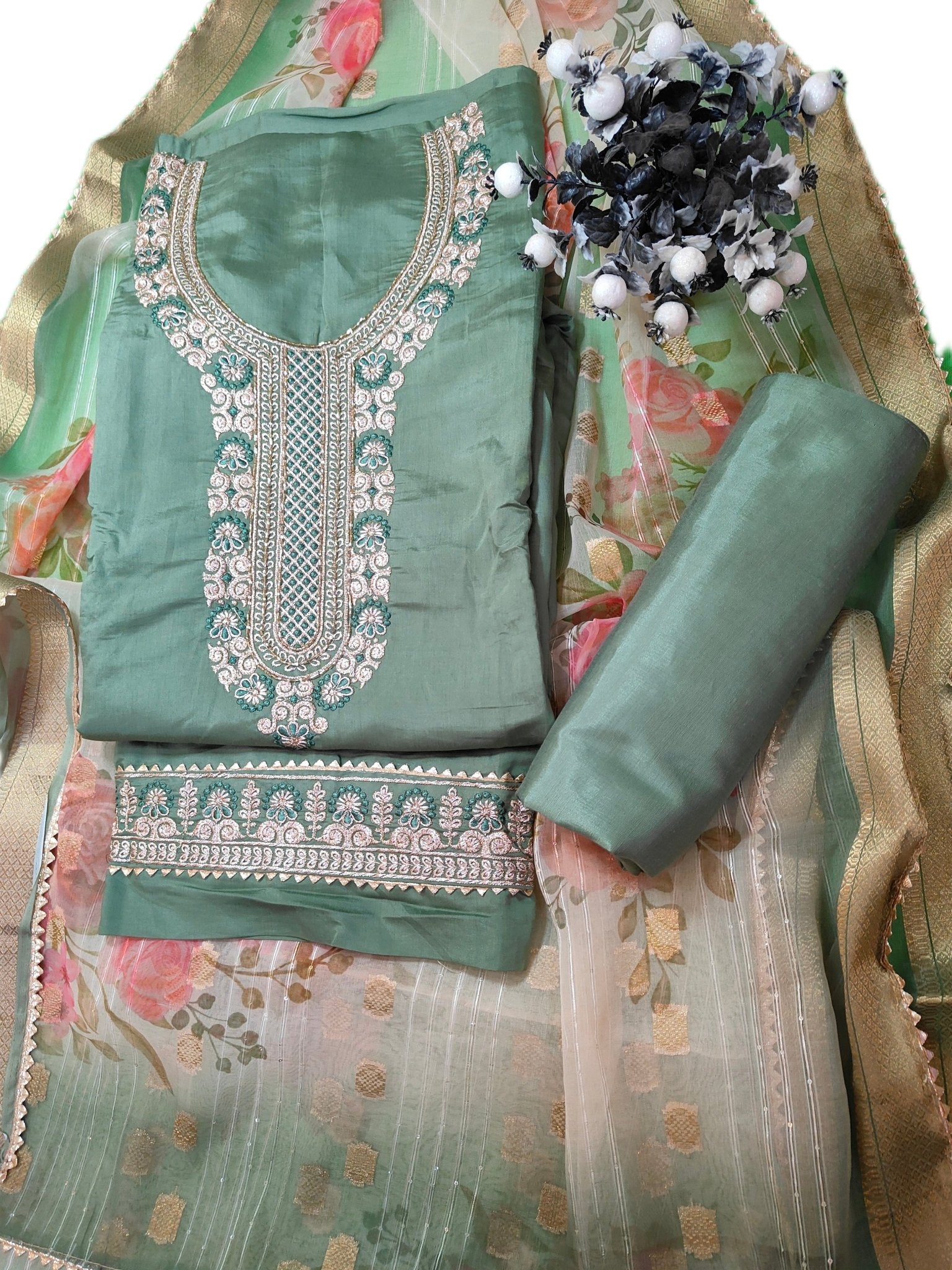 Rang Rooh - Roman Silk with Printed Banarsi Dupatta Unstitched Salwar Suit Set