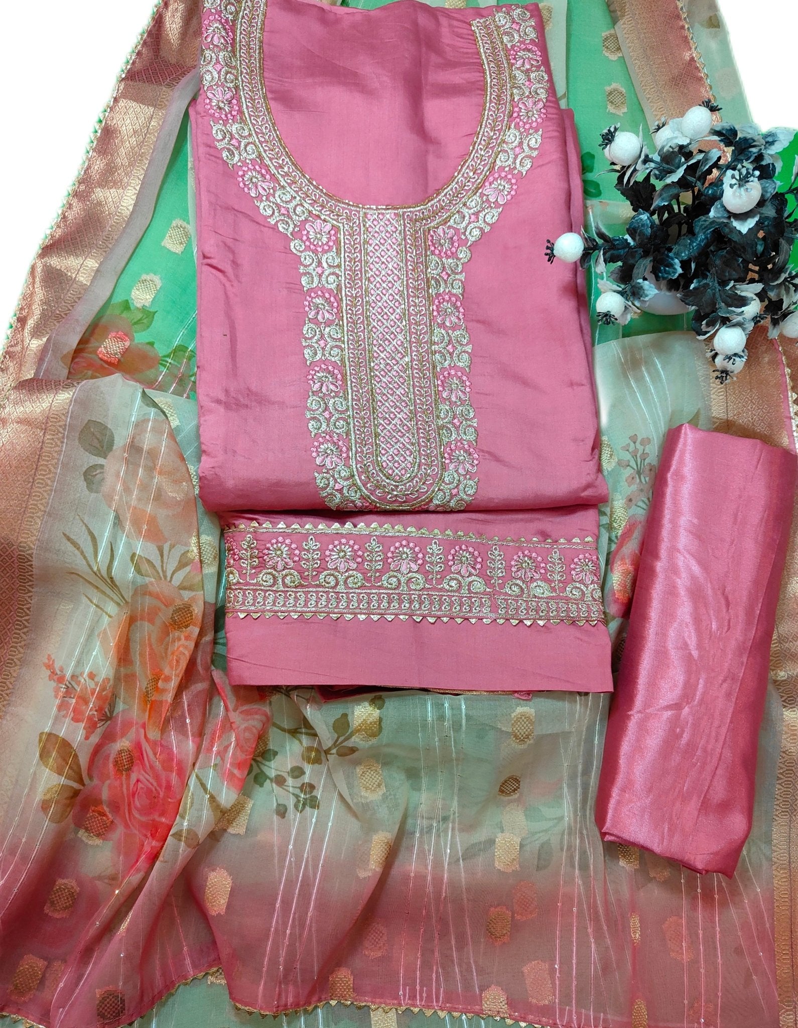 Rang Rooh - Roman Silk with Printed Banarsi Dupatta Unstitched Salwar Suit Set