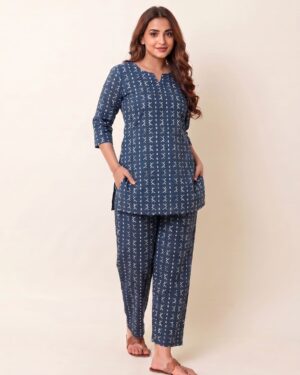 Indigo Cotton Co-ord Set | Straight Kurta 3/4 Sleeve