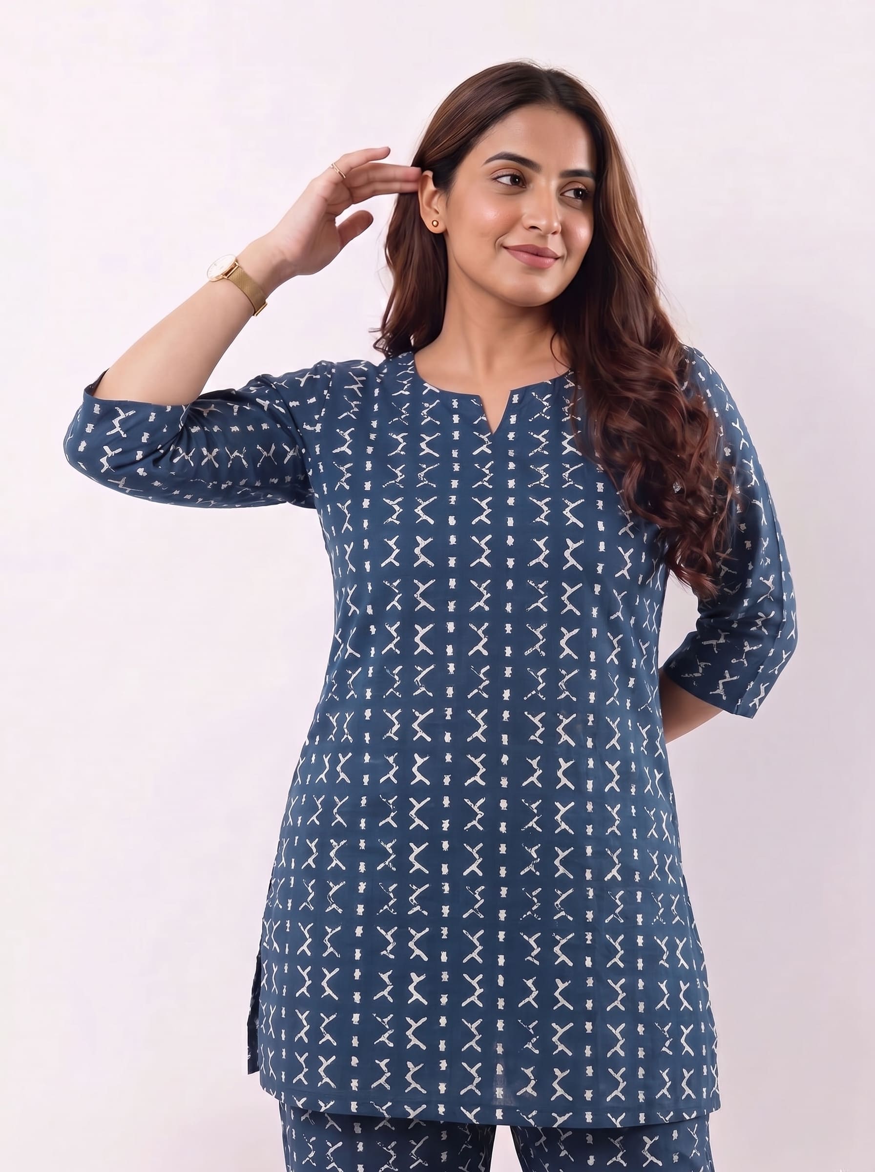 Indigo Cotton Co-ord Set | Straight Kurta 3/4 Sleeve - Image 3