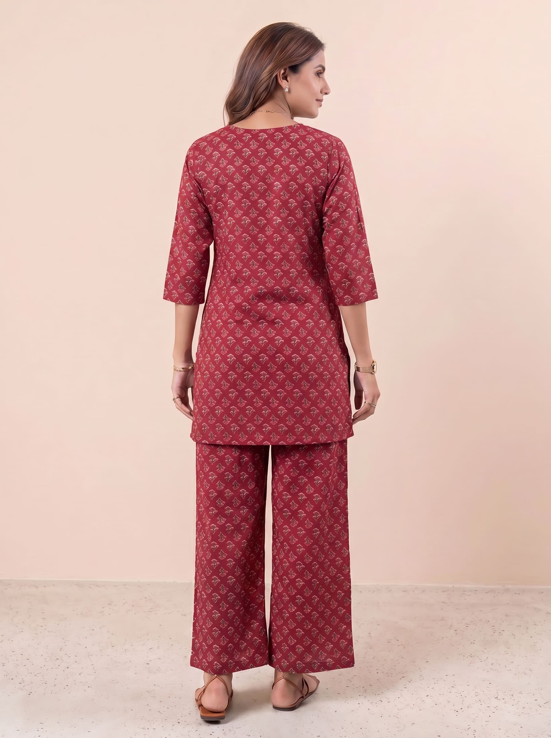 Rose Red Cotton Co-ord Set | Straight Kurta 3/4 Sleeve - Image 4