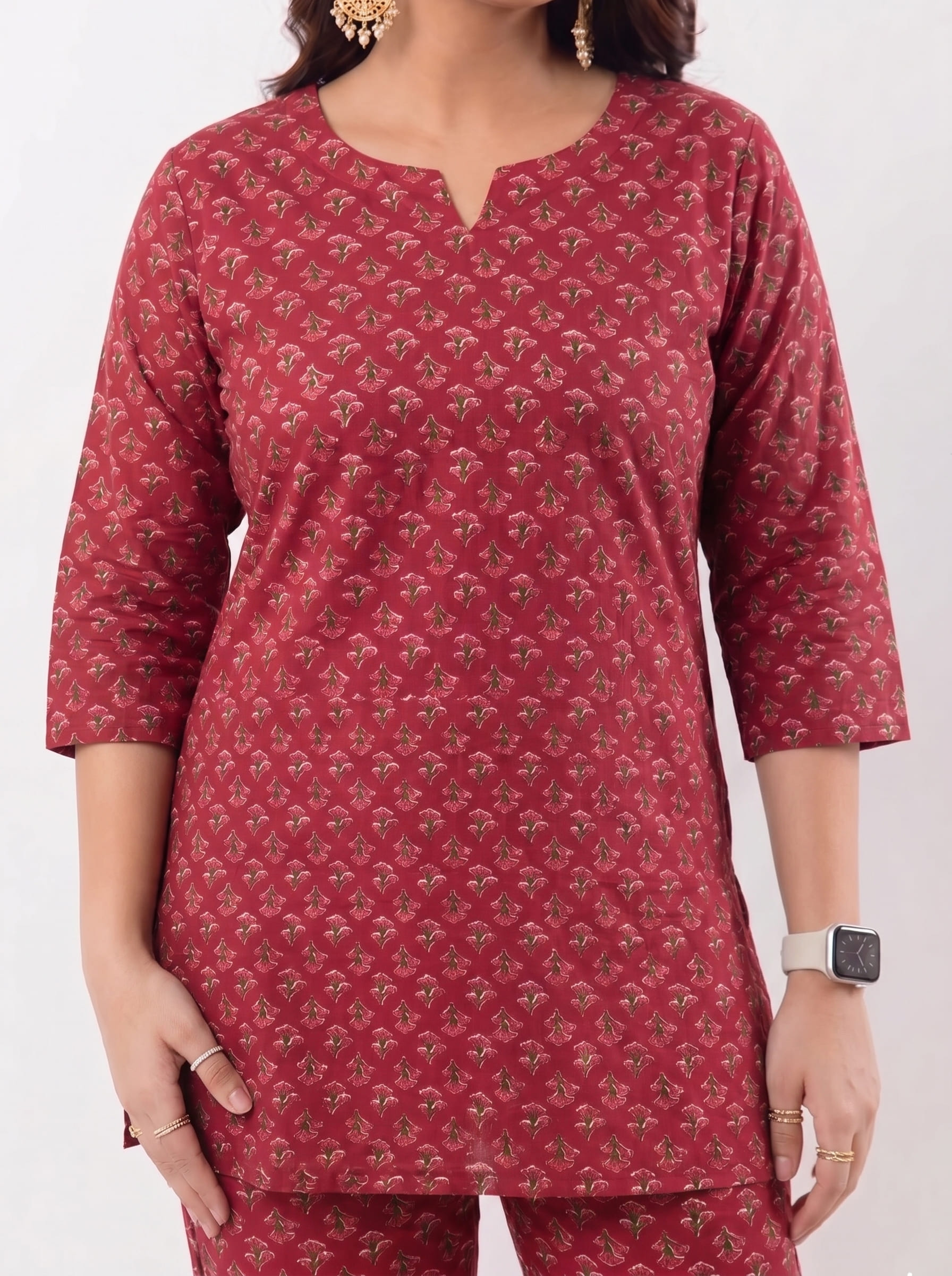 Rose Red Cotton Co-ord Set | Straight Kurta 3/4 Sleeve - Image 3