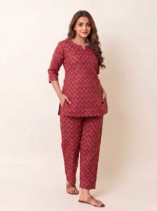 Rose Red Cotton Co-ord Set | Straight Kurta 3/4 Sleeve