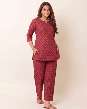 Rose Red Cotton Co-ord Set | Straight Kurta 3/4 Sleeve