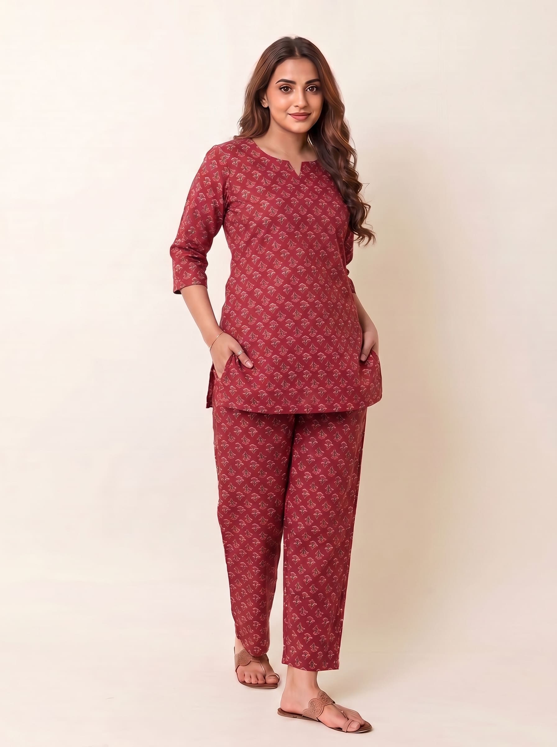 Rose Red Cotton Co-ord Set | Straight Kurta 3/4 Sleeve