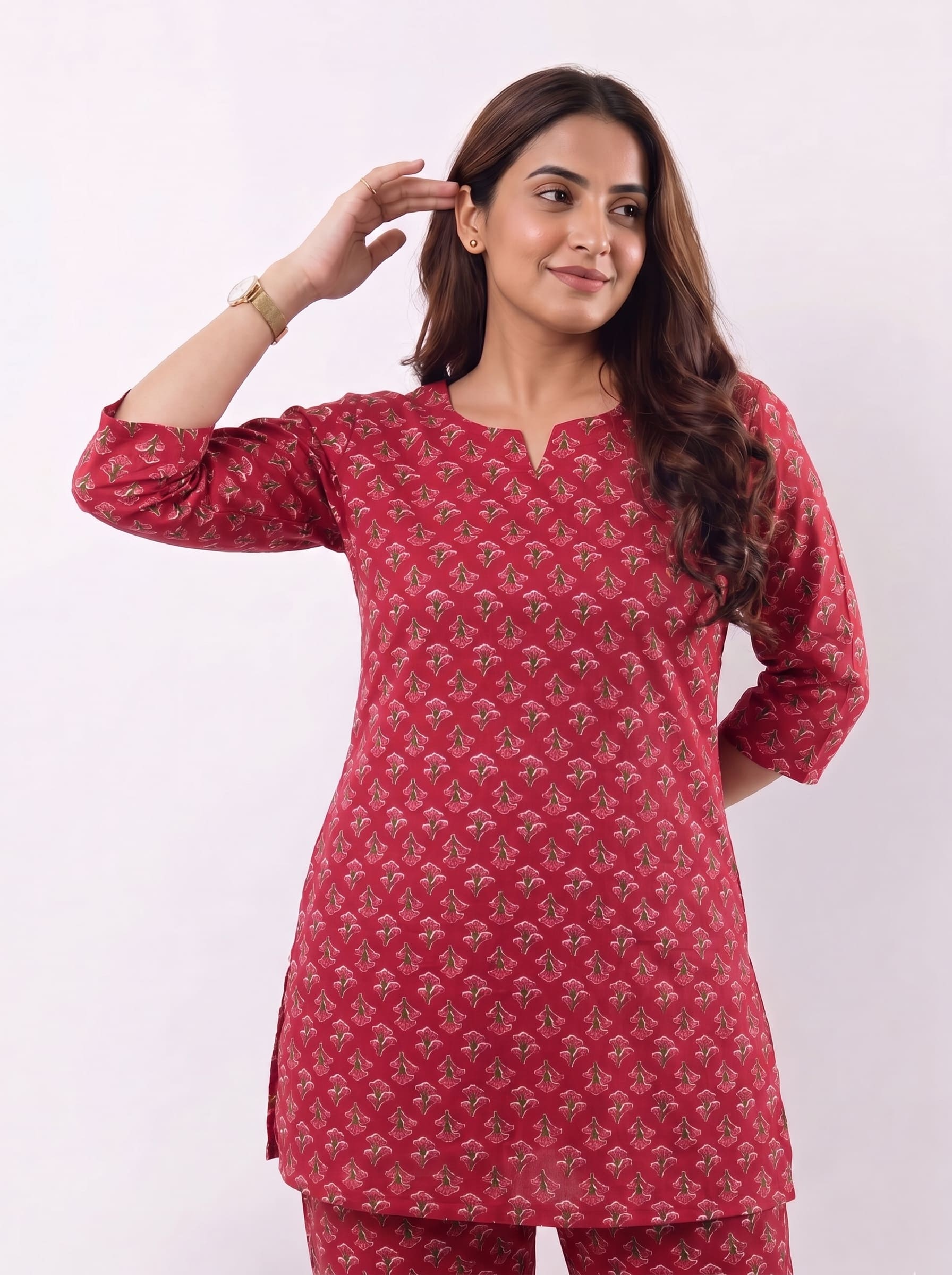 Rose Red Cotton Co-ord Set | Straight Kurta 3/4 Sleeve - Image 2