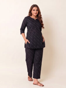 Black Bandhani Printed Cotton Co-ord Set | Straight Kurta 3/4 Sleeve
