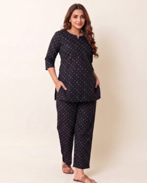 Black Bandhani Printed Cotton Co-ord Set | Straight Kurta 3/4 Sleeve