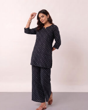 Black Bandhani Printed Cotton Co-ord Set | Straight Kurta 3/4 Sleeve