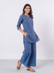 indigo cotton co ord set | straight kurta 3/4 sleeve