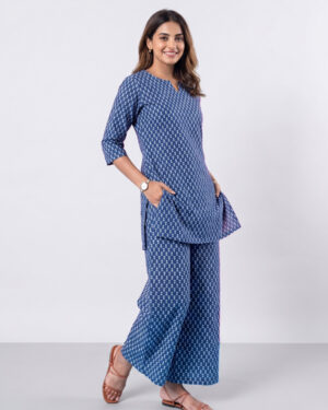 indigo cotton co ord set | straight kurta 3/4 sleeve